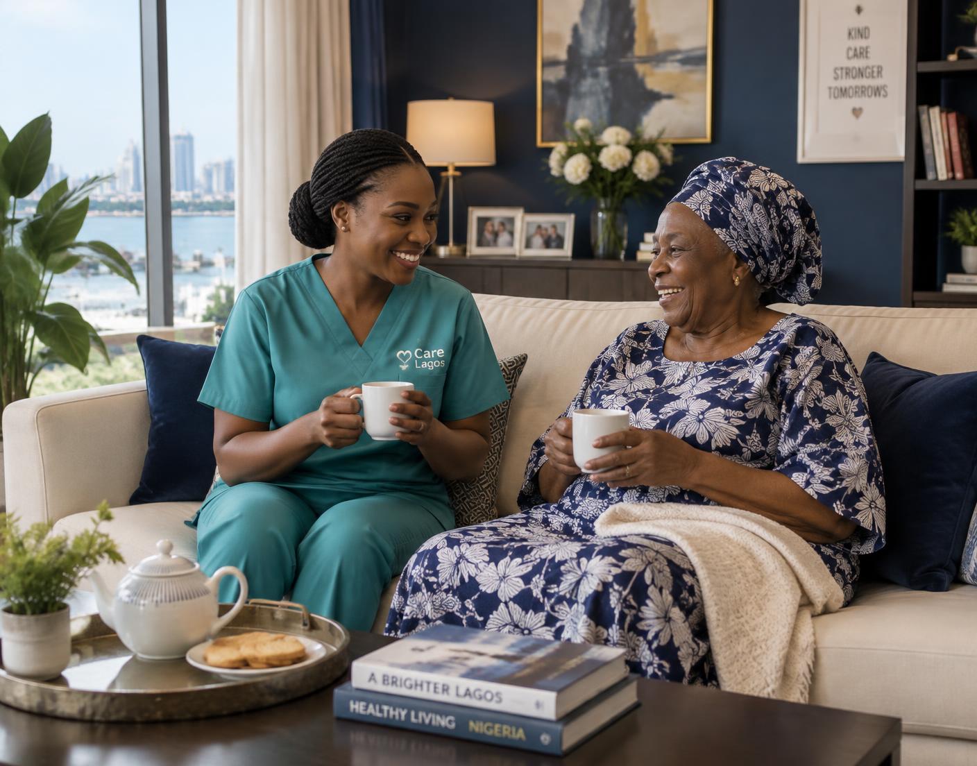 A CareBridge caregiver sharing tea with an elderly client in her Lagos home